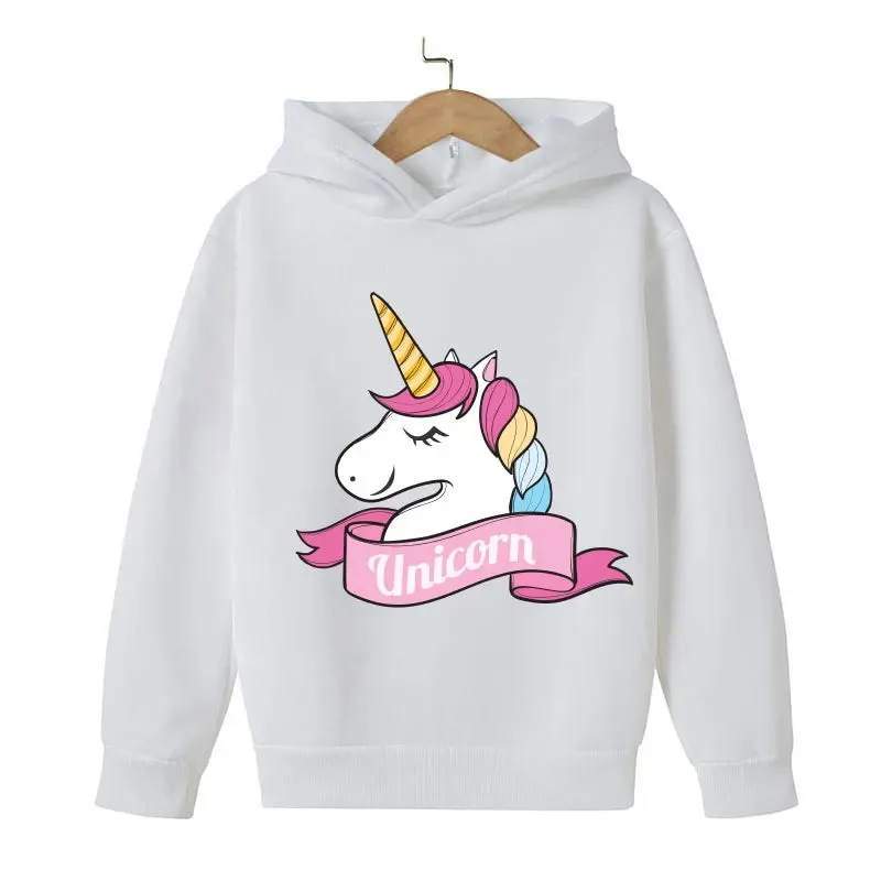Unicorn Cartoon 2D Pattern Printing 2024 Children Girl Hooded Tops fit 4-14 years old kid Girls Causal Style Fashion Hoodies