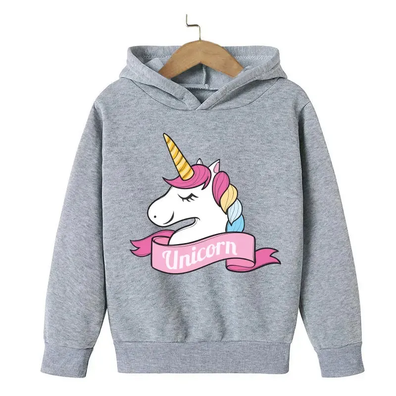 Unicorn Cartoon 2D Pattern Printing 2024 Children Girl Hooded Tops fit 4-14 years old kid Girls Causal Style Fashion Hoodies