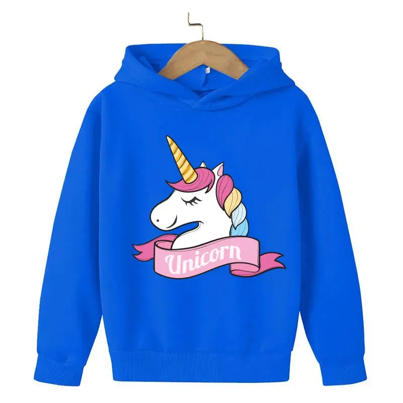 Unicorn Cartoon 2D Pattern Printing 2024 Children Girl Hooded Tops fit 4-14 years old kid Girls Causal Style Fashion Hoodies
