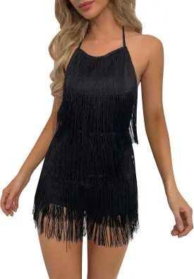 Women Halter Tassel Fringe Romper Layered Sexy Backless Fringe Dress Latin Dace Jumpsuits Disco Cowgirl Music Festival Outfit