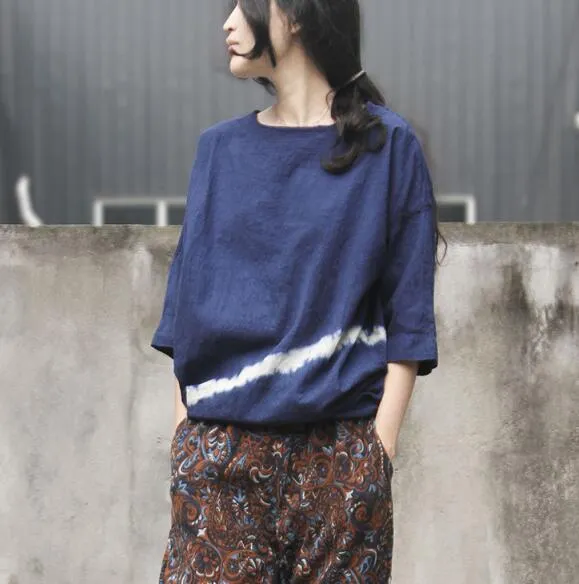Women Linen Tops Women Blouse 3/4 Sleeves Loose Style H9504