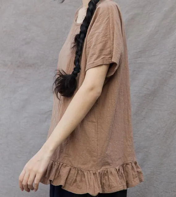 Women Linen Tops Women Blouse Short Sleeves Loose Style H9504