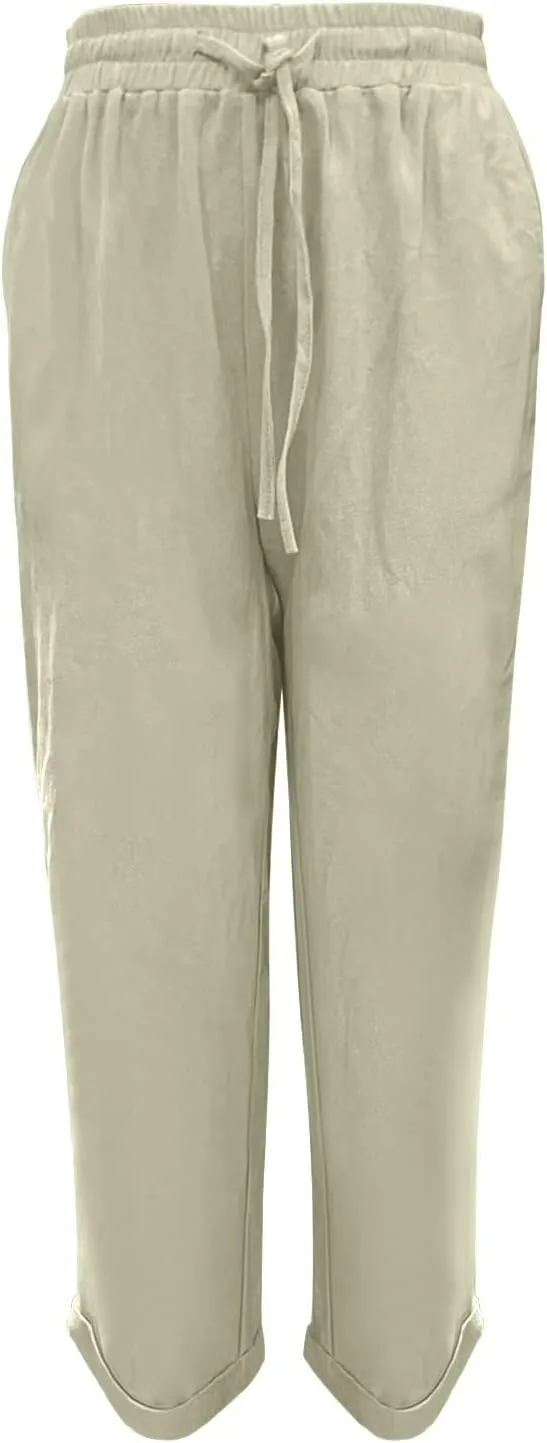 Womens Cotton Linen Pants Comfort Skinny Slim Straight Legged Lightweight Casual Trousers for Home Vacation