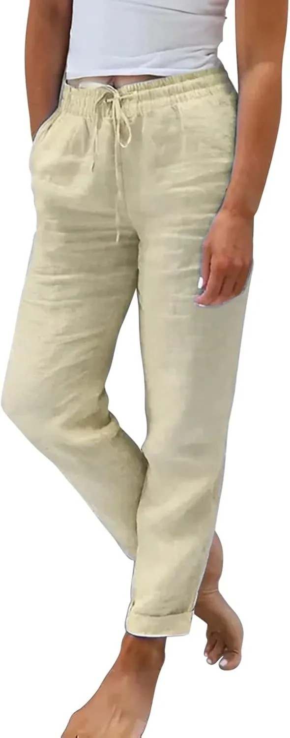Womens Cotton Linen Pants Comfort Skinny Slim Straight Legged Lightweight Casual Trousers for Home Vacation
