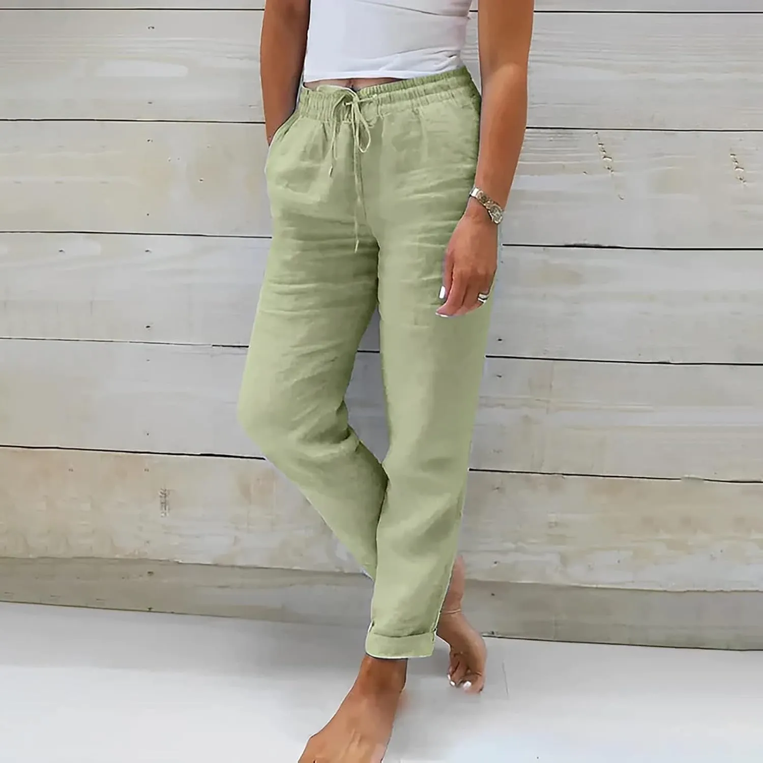Womens Cotton Linen Pants Comfort Skinny Slim Straight Legged Lightweight Casual Trousers for Home Vacation