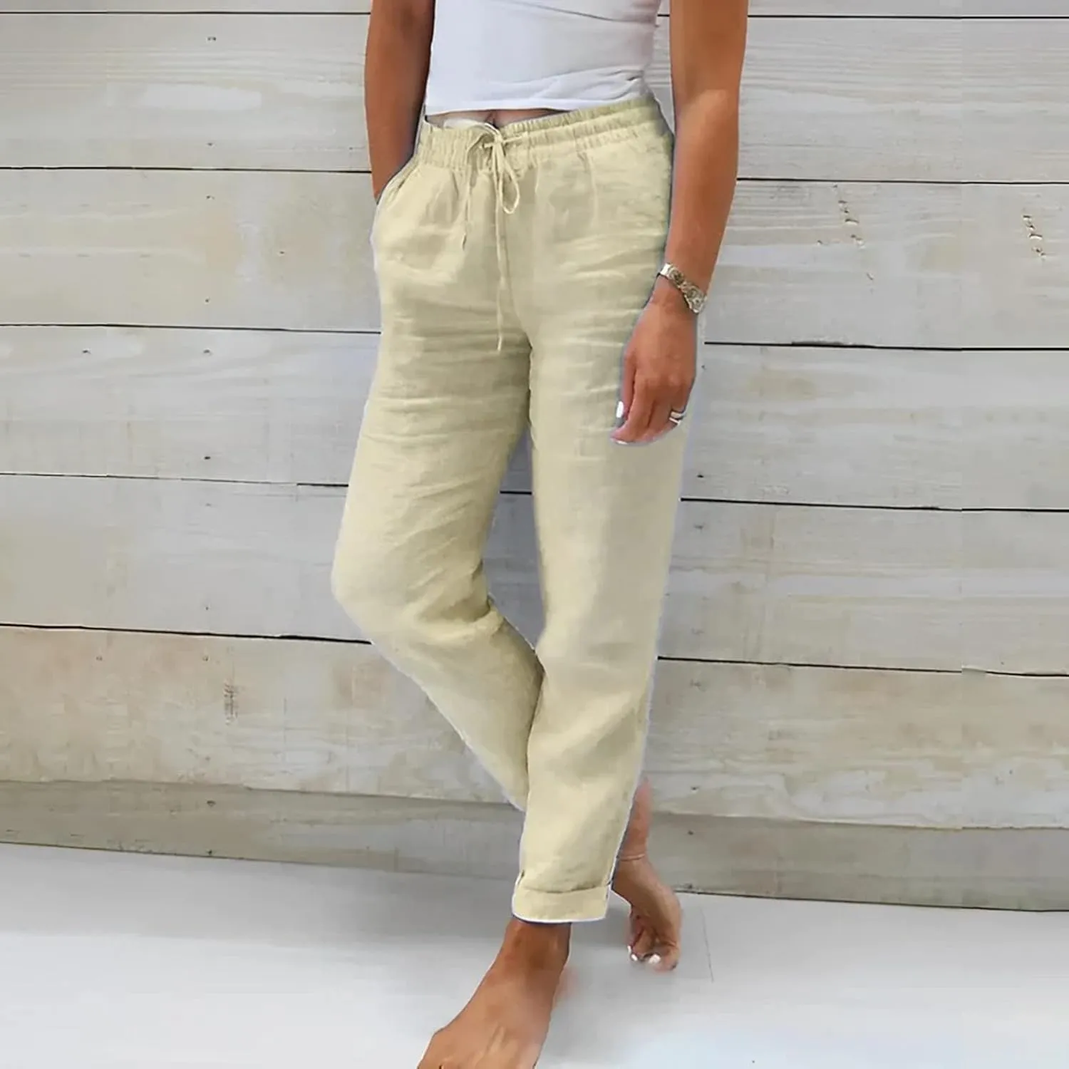Womens Cotton Linen Pants Comfort Skinny Slim Straight Legged Lightweight Casual Trousers for Home Vacation