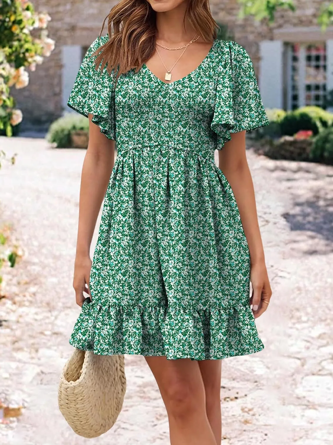 Womens Cute Floral Smocked V Neck Flutter Sleeve Sundress with Pockets Casual Spring Summer Dresses for Women 2025