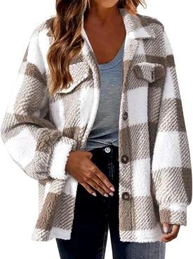 Womens Fall Winter Coats Warm Plush Shacket Jackets Button Cardigan Trendy Plaid Fleece Fuzzy Pockets Outwear