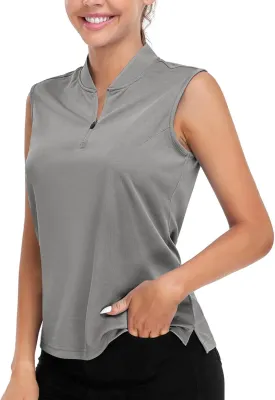 Womens Golf Polo Shirts Sleeveless Quarter Zip Tennis Tank Tops Ladies Quick Dry UV Protection Collarless Shirt