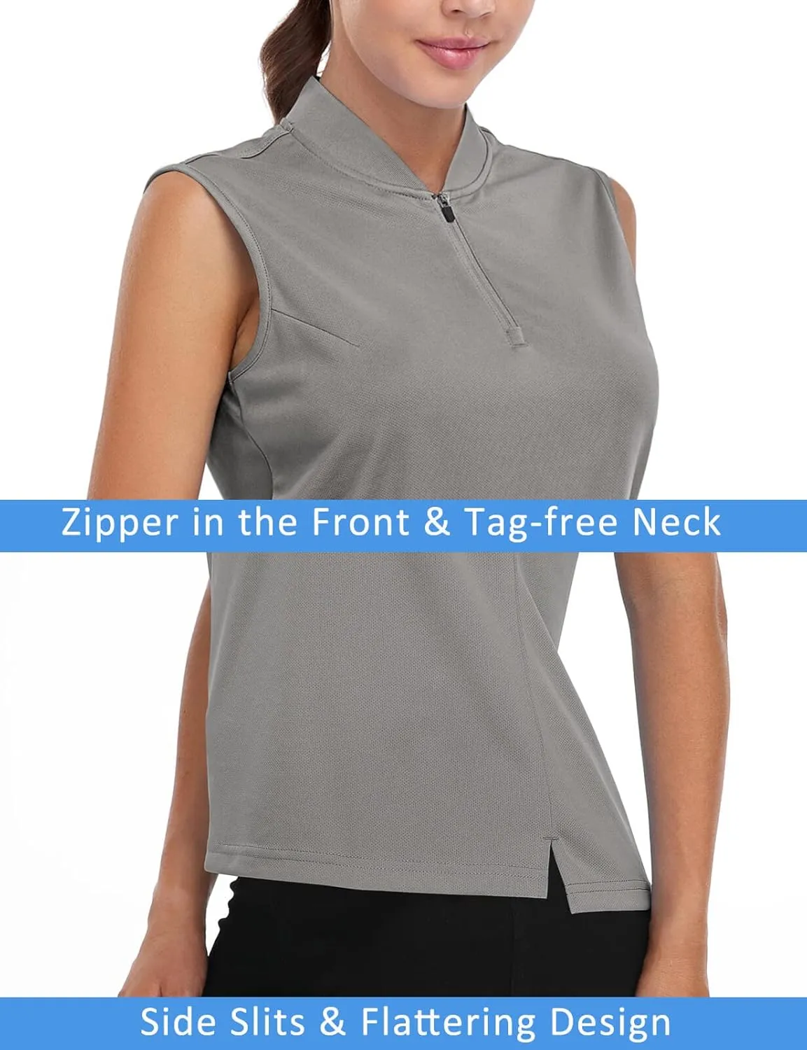 Womens Golf Polo Shirts Sleeveless Quarter Zip Tennis Tank Tops Ladies Quick Dry UV Protection Collarless Shirt