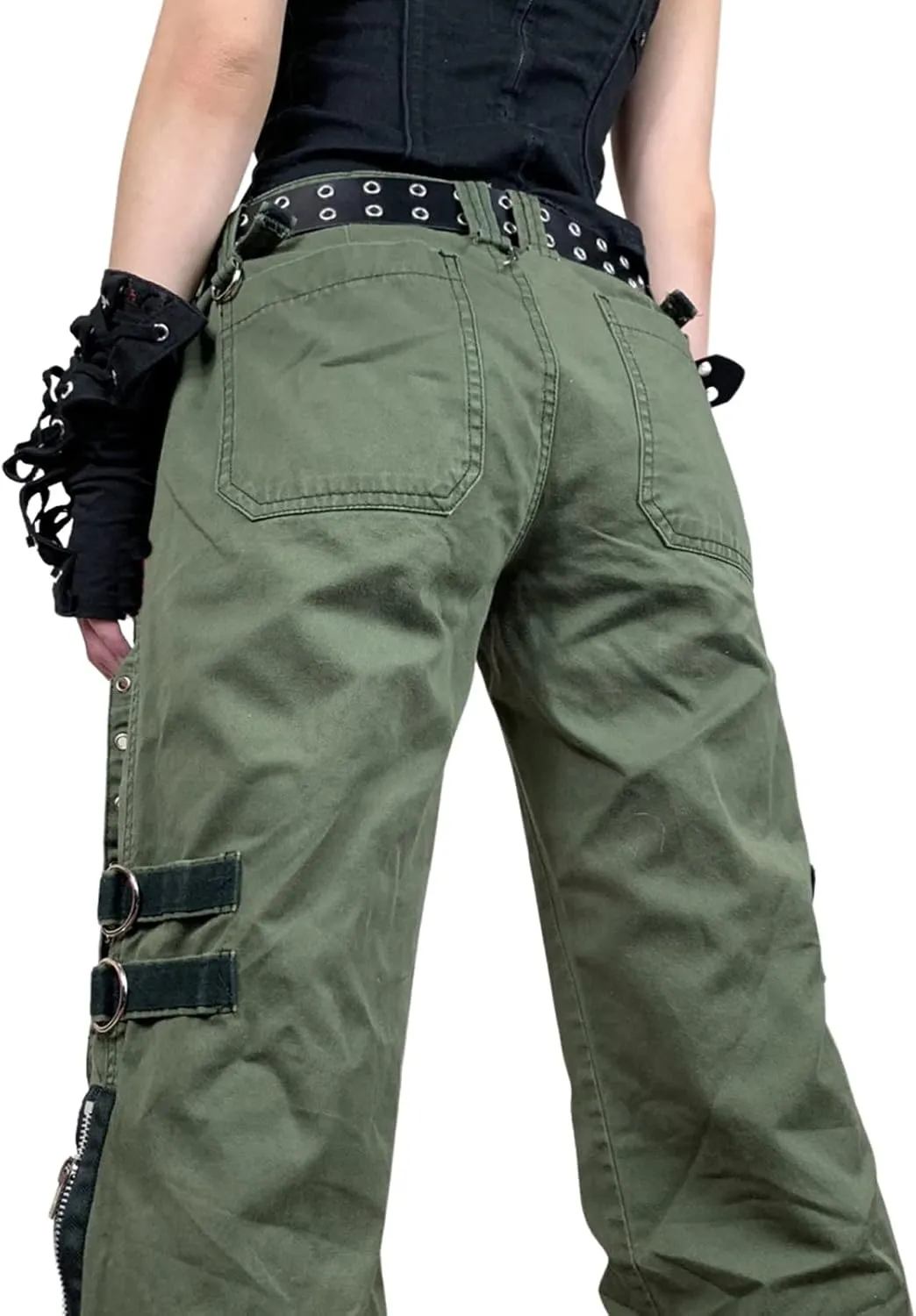 Women's Goth Baggy Jeans Y2K High Waisted Strap Buttoned Stripe Long Pants E-Girls Grunge Harajuku Pants Streetwear