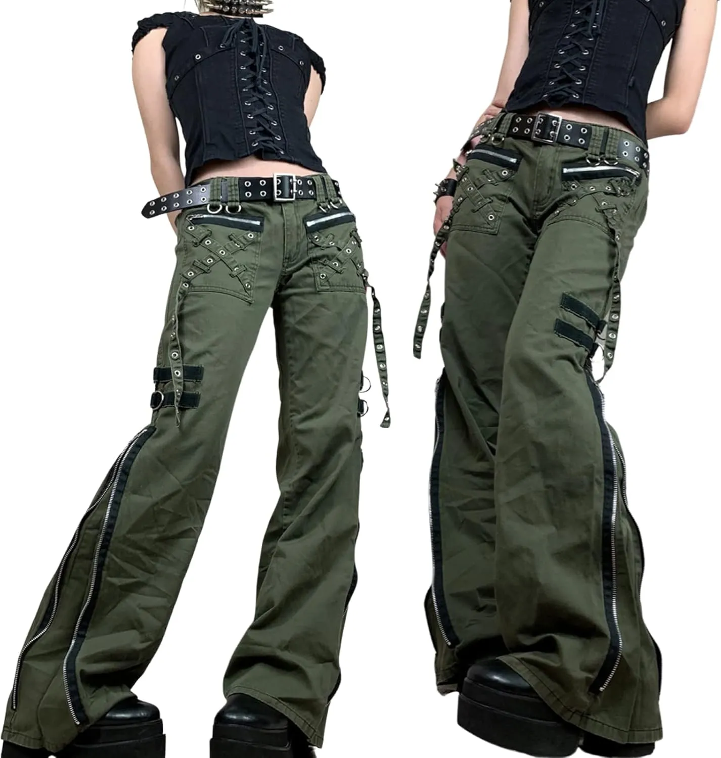 Women's Goth Baggy Jeans Y2K High Waisted Strap Buttoned Stripe Long Pants E-Girls Grunge Harajuku Pants Streetwear