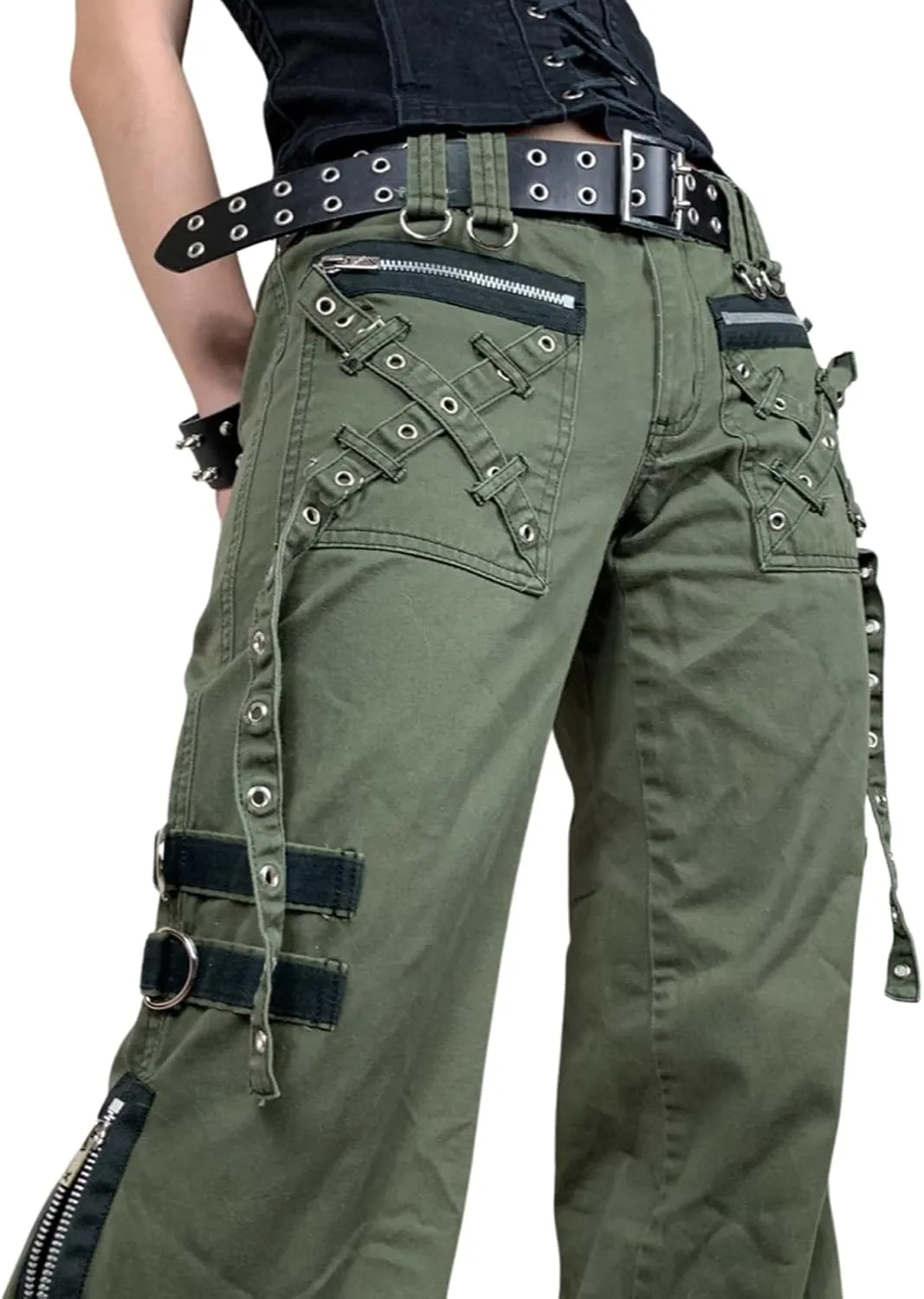 Women's Goth Baggy Jeans Y2K High Waisted Strap Buttoned Stripe Long Pants E-Girls Grunge Harajuku Pants Streetwear