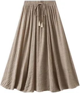 Women's Midi Linen Skirt Summer Casual Elastic Waist Drawstring Pleated Skirts A-Linen Flowy Swing Long Skirt