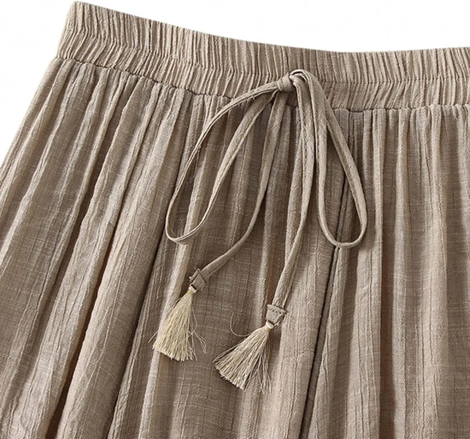 Women's Midi Linen Skirt Summer Casual Elastic Waist Drawstring Pleated Skirts A-Linen Flowy Swing Long Skirt