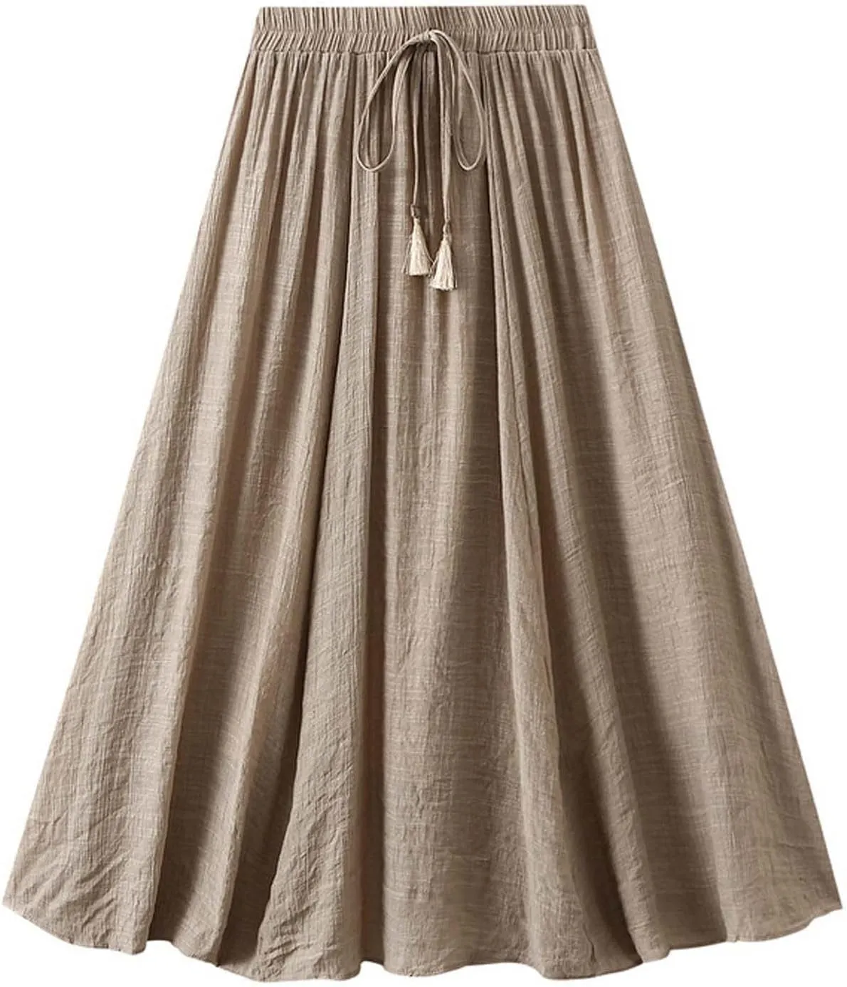 Women's Midi Linen Skirt Summer Casual Elastic Waist Drawstring Pleated Skirts A-Linen Flowy Swing Long Skirt
