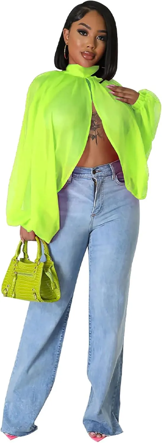 Womens Sexy See Through Chiffon Sheer Lantern Sleeve Front Back Open High Neck Self Tie Shawl Casual Shirts Blouses Tops