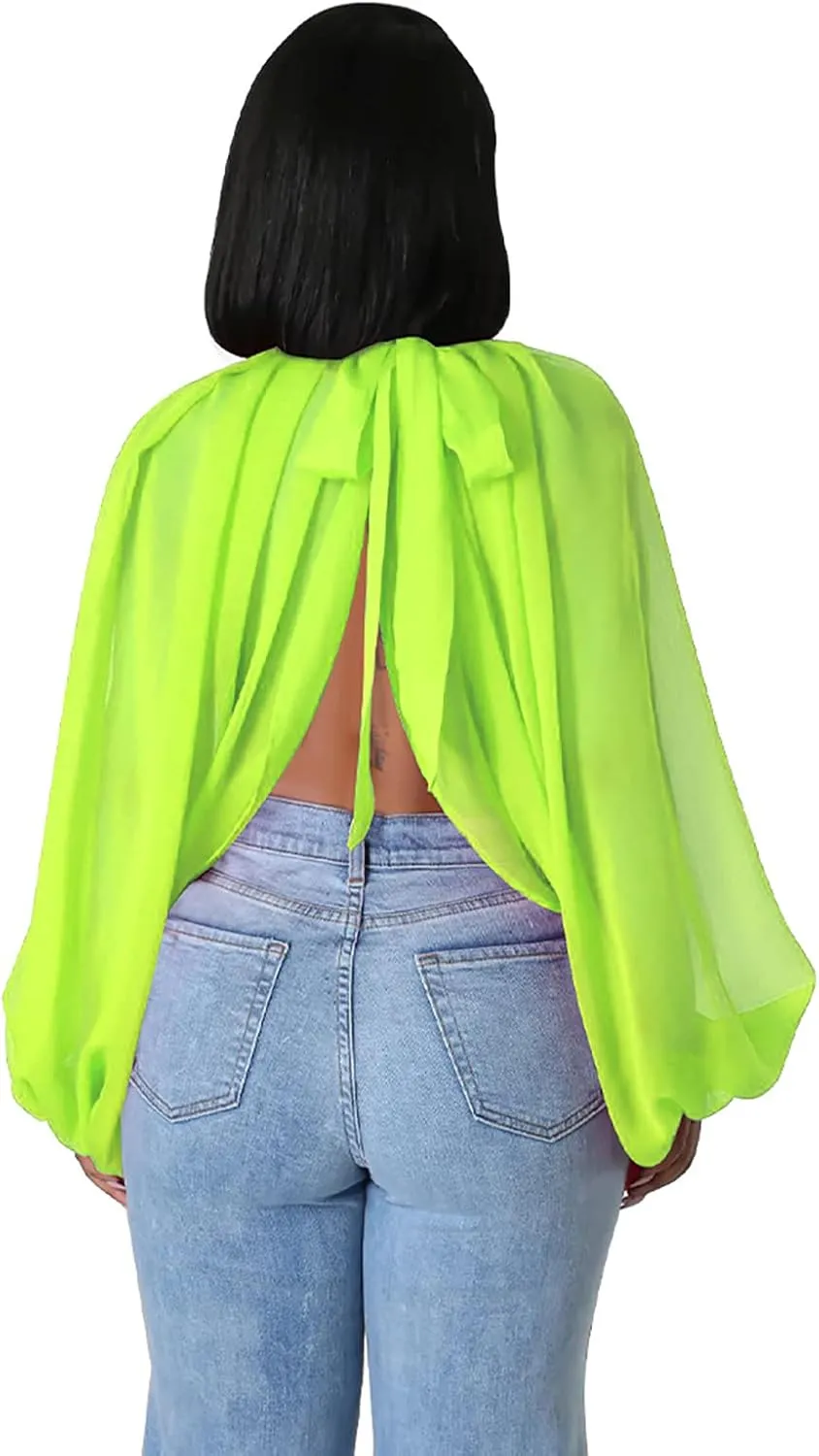 Womens Sexy See Through Chiffon Sheer Lantern Sleeve Front Back Open High Neck Self Tie Shawl Casual Shirts Blouses Tops