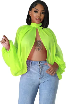 Womens Sexy See Through Chiffon Sheer Lantern Sleeve Front Back Open High Neck Self Tie Shawl Casual Shirts Blouses Tops