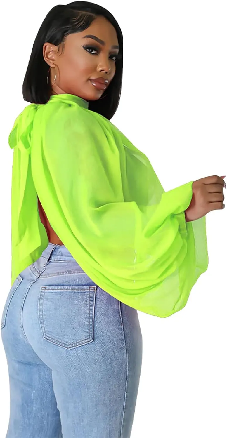 Womens Sexy See Through Chiffon Sheer Lantern Sleeve Front Back Open High Neck Self Tie Shawl Casual Shirts Blouses Tops