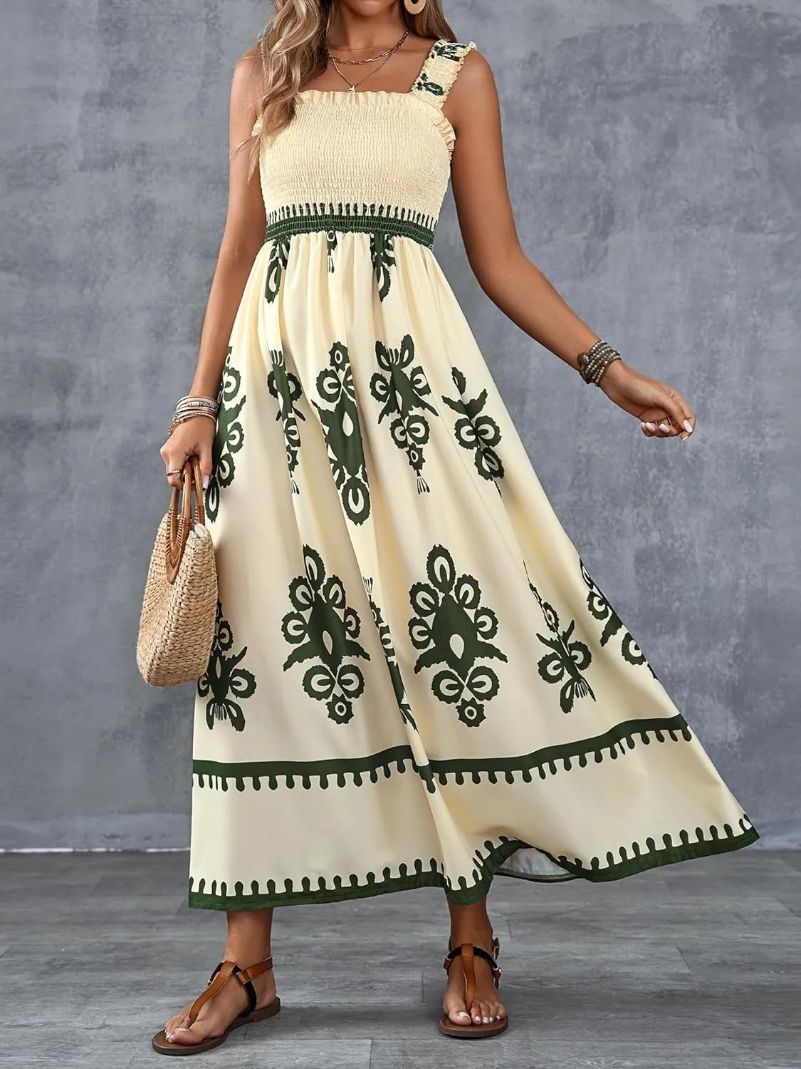 Womens Square Neck Boho Maxi Dress Casual Long Spring Summer Dresses Sundresses for Women Beach Vacation 2025