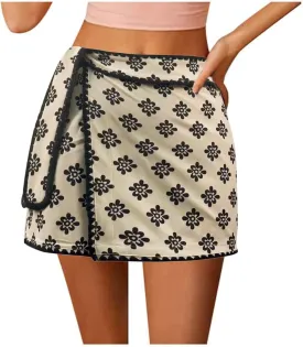 Women's Summer Wrap Maxi Skirts Floral High Waist Ruffle Short Mini Skirt Trendy Front Tie A Line Casual Skorts