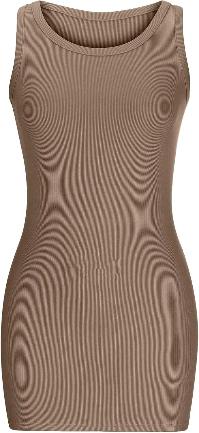 XUNRYAN 2025 Summer Womens Tank Dresses Knit Ribbed Scoop Neck Sleeveless Basic Bodycon Mini Dress Casual Beach Sundress