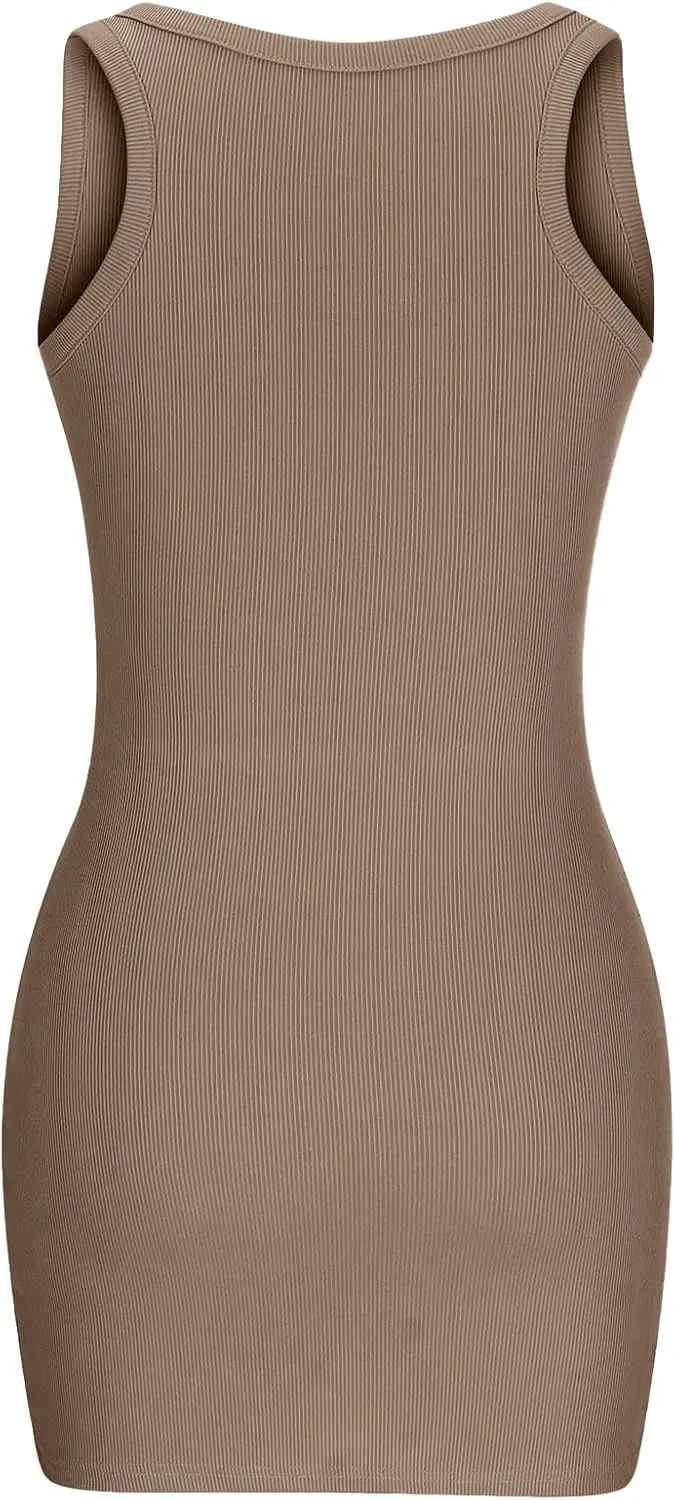 XUNRYAN 2025 Summer Womens Tank Dresses Knit Ribbed Scoop Neck Sleeveless Basic Bodycon Mini Dress Casual Beach Sundress
