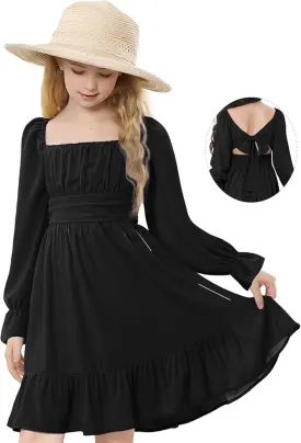 Zando Girls Dresses Tie Back Dress for Girls Ruffle Short Sleeve Dresses Tween Kids Off Shoulder Junior Dress 6-16 Years
